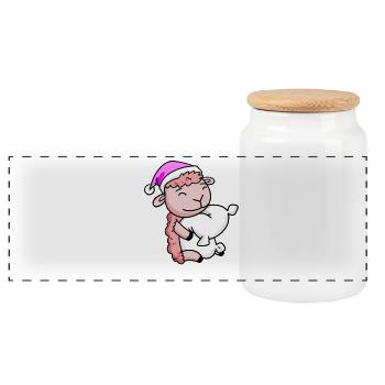 Sheep with pillow and sleeping cap - Panoramic Cookie Jar with Wooden Lid - white - Front