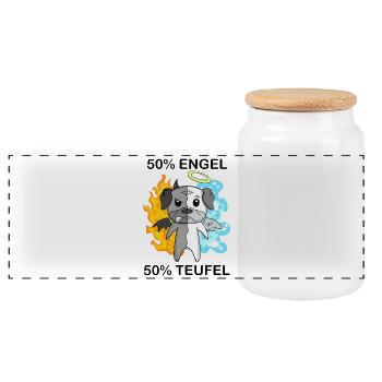 Hund Mops - Engel und Teufel - Panorama Keksdose mit Holzdeckel - Weiß - Vorne