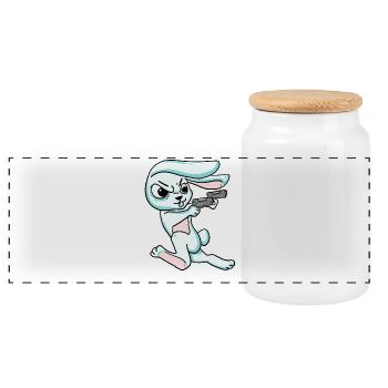 Rabbit with pistol - Panoramic Cookie Jar with Wooden Lid - white - Front