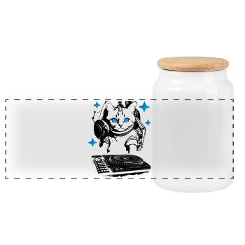DJ cat with mixer - Panoramic Cookie Jar with Wooden Lid - white - Front