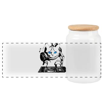DJ cat with mixer - Panoramic Cookie Jar with Wooden Lid - white - Front