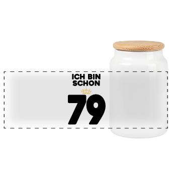79 Geburtstag - 79 Jahre mit Krone - Panorama Keksdose mit Holzdeckel - Weiß - Vorne