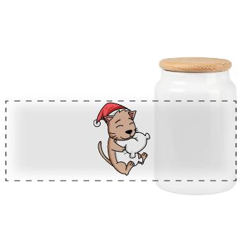 Mignon chat Noël sommeil fatigué - Boîte à biscuits avec couvercle en bois - blanc - Devant