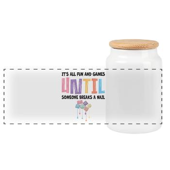 All just fun and games for nail technicians - Panoramic Cookie Jar with Wooden Lid - white - Front