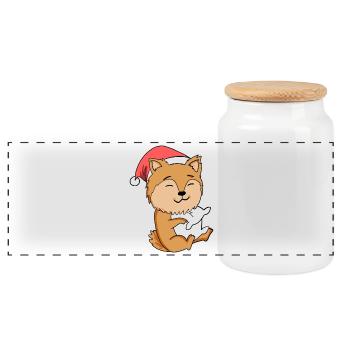 Miniature Spitz Dog Christmas Sleep Tired - Panoramic Cookie Jar with Wooden Lid - white - Front