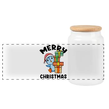 Merry Christmas Penguin Motif - Panoramic Cookie Jar with Wooden Lid - white - Front
