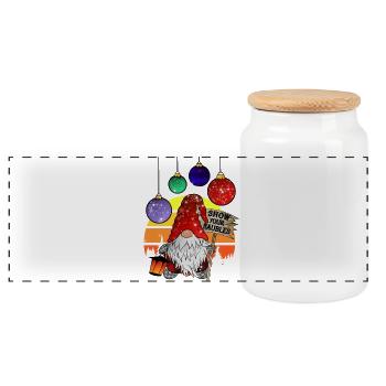 Christmas elves with Christmas tree baubles - Panoramic Cookie Jar with Wooden Lid - white - Front