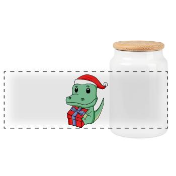 Christmas Crocodile Baby with Gift - Panoramic Cookie Jar with Wooden Lid - white - Front