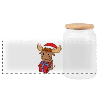 Christmas Moose Baby with Gift - Panoramic Cookie Jar with Wooden Lid - white - Front