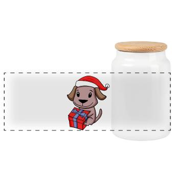 Christmas Dog Baby with Gift - Panoramic Cookie Jar with Wooden Lid - white - Front