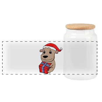 Christmas Bear Baby with Gift - Panoramic Cookie Jar with Wooden Lid - white - Front