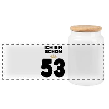 53. Geburtstag Geschenk - 53 Jahre mit Krone - Panorama Keksdose mit Holzdeckel - Weiß - Vorne