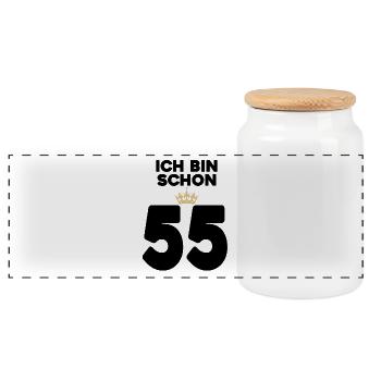 55. Geburtstag Geschenk - 55 Jahre mit Krone - Panorama Keksdose mit Holzdeckel - Weiß - Vorne