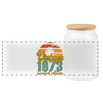Vintage 1973 52nd Birthday Gift Idea - Panoramic Cookie Jar with Wooden Lid - white - Front
