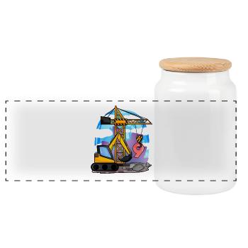 9th birthday 9 years crane construction site excavator boy - Panoramic Cookie Jar with Wooden Lid - white - Front