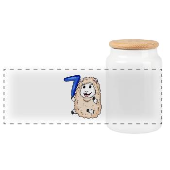 7 Jahre alt - 7. Geburtstag mit Tier Motiv - Schaf - Panorama Keksdose mit Holzdeckel - Weiß - Vorne