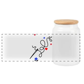 Sewing by hand brings love and joy - Panoramic Cookie Jar with Wooden Lid - white - Front