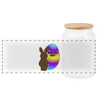 Happy Easter - Easter Bunny with Easter Egg - Panoramic Cookie Jar with Wooden Lid - white - Front