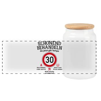 30. Geburtstag Schonend Behandeln 30 Tempolimit 30 - Panorama Keksdose mit Holzdeckel - Weiß - Vorne