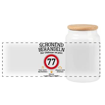 77. Geburtstag Schonend Behandeln Oldtimer Ist 77 - Panorama Keksdose mit Holzdeckel - Weiß - Vorne