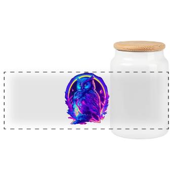Mystically Glowing Owl Neon Synthwave - Panoramic Cookie Jar with Wooden Lid - white - Front