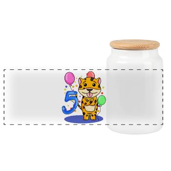 5 Birthday 5 years old with animal motif - Five - Panoramic Cookie Jar with Wooden Lid - white - Front