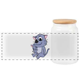 Katze Familie - Katze mit Baby - Panorama Keksdose mit Holzdeckel - Weiß - Vorne
