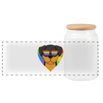 Rainbow - Dog Rottweiler with glasses and heart - Panoramic Cookie Jar with Wooden Lid - white - Front