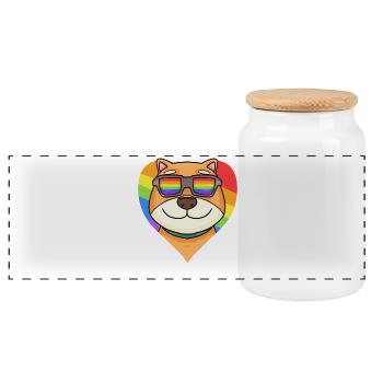 Rainbow - Dog Shiba Inu with glasses and heart - Panoramic Cookie Jar with Wooden Lid - white - Front