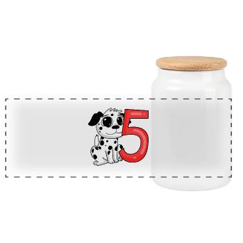 5 Birthday 5 years old with dog motif - five - Panoramic Cookie Jar with Wooden Lid - white - Front