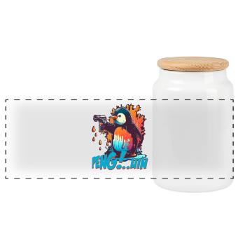 Pen.. guin penguin with pistol - Panoramic Cookie Jar with Wooden Lid - white - Front