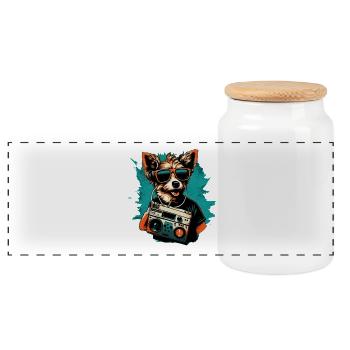 Dog with boombox and sunglasses - Panoramic Cookie Jar with Wooden Lid - white - Front