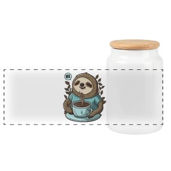 friendly sloth with fragrant coffee says HI - Panoramic Cookie Jar with Wooden Lid - white - Front