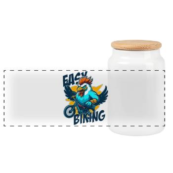Rooster with bicycle and lettering - Panoramic Cookie Jar with Wooden Lid - white - Front