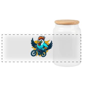 Rooster with bike - Panoramic Cookie Jar with Wooden Lid - white - Front