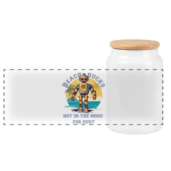 Robot on the beach with lettering - Panoramic Cookie Jar with Wooden Lid - white - Front