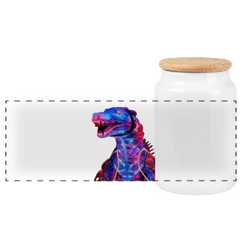 Neon-Dino mit futuristischem Flair - Panorama Keksdose mit Holzdeckel - Weiß - Vorne