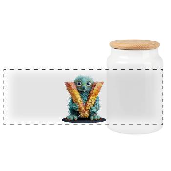 Feathery creature with letter V - Panoramic Cookie Jar with Wooden Lid - white - Front