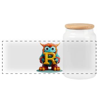 Bunter Monster mit Buchstabe R - Panorama Keksdose mit Holzdeckel - Weiß - Vorne