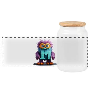 Multicolored Monster with Letter M - Panoramic Cookie Jar with Wooden Lid - white - Front