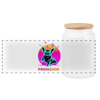 French Bulldog Neon Color 80s Style - Panoramic Cookie Jar with Wooden Lid - white - Front
