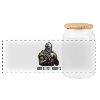 Ritter But First Coffee Fantasy RPG Shirt - Panorama Keksdose mit Holzdeckel - Weiß - Vorne