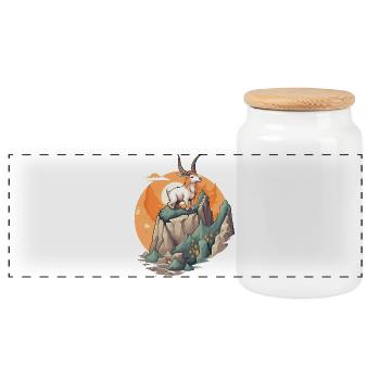 Gardening friend goat on mountain top - Panoramic Cookie Jar with Wooden Lid - white - Front