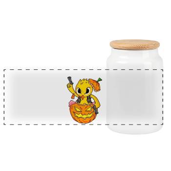 Halloween chick blows up pumpkin funny - Panoramic Cookie Jar with Wooden Lid - white - Front