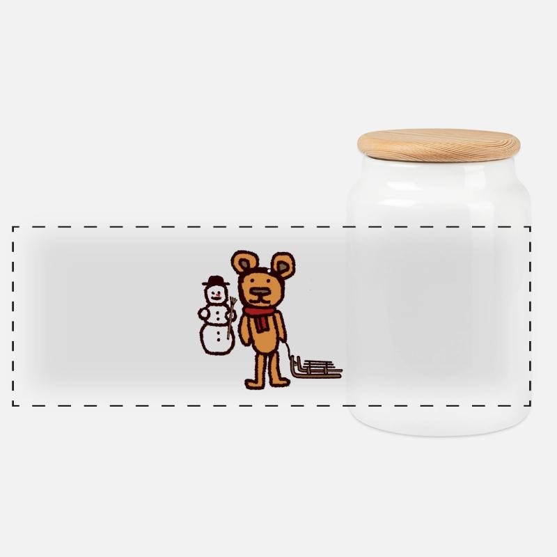 Teddybär Winterurlaub Schnee Schlitten Schneemann - Panorama Keksdose mit Holzdeckel - Weiß