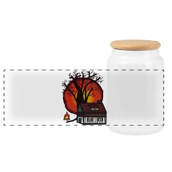 House, Building, Property, Tree, Campfire, Nature, Sun - Panoramic Cookie Jar with Wooden Lid - white - Front