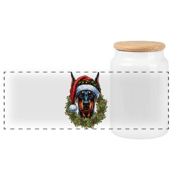 Festlicher Dobermann: Elegant mit Santa-Mütze - Panorama Keksdose mit Holzdeckel - Weiß - Vorne