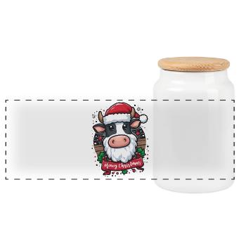 Moo-ey Christmas Kawaii Cow Funny Santa Claus - Panoramic Cookie Jar with Wooden Lid - white - Front