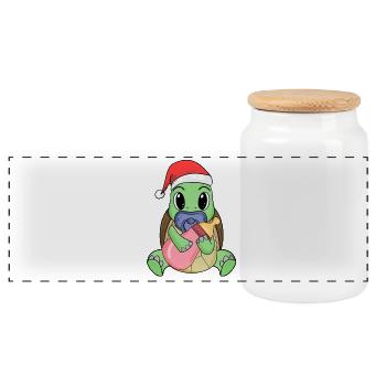 Turtle Baby Christmas - Panoramic Cookie Jar with Wooden Lid - white - Front