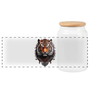 Bengalischer Tigerkopf im Stil Wikinger-Tattoo - Panorama Keksdose mit Holzdeckel - Weiß - Vorne